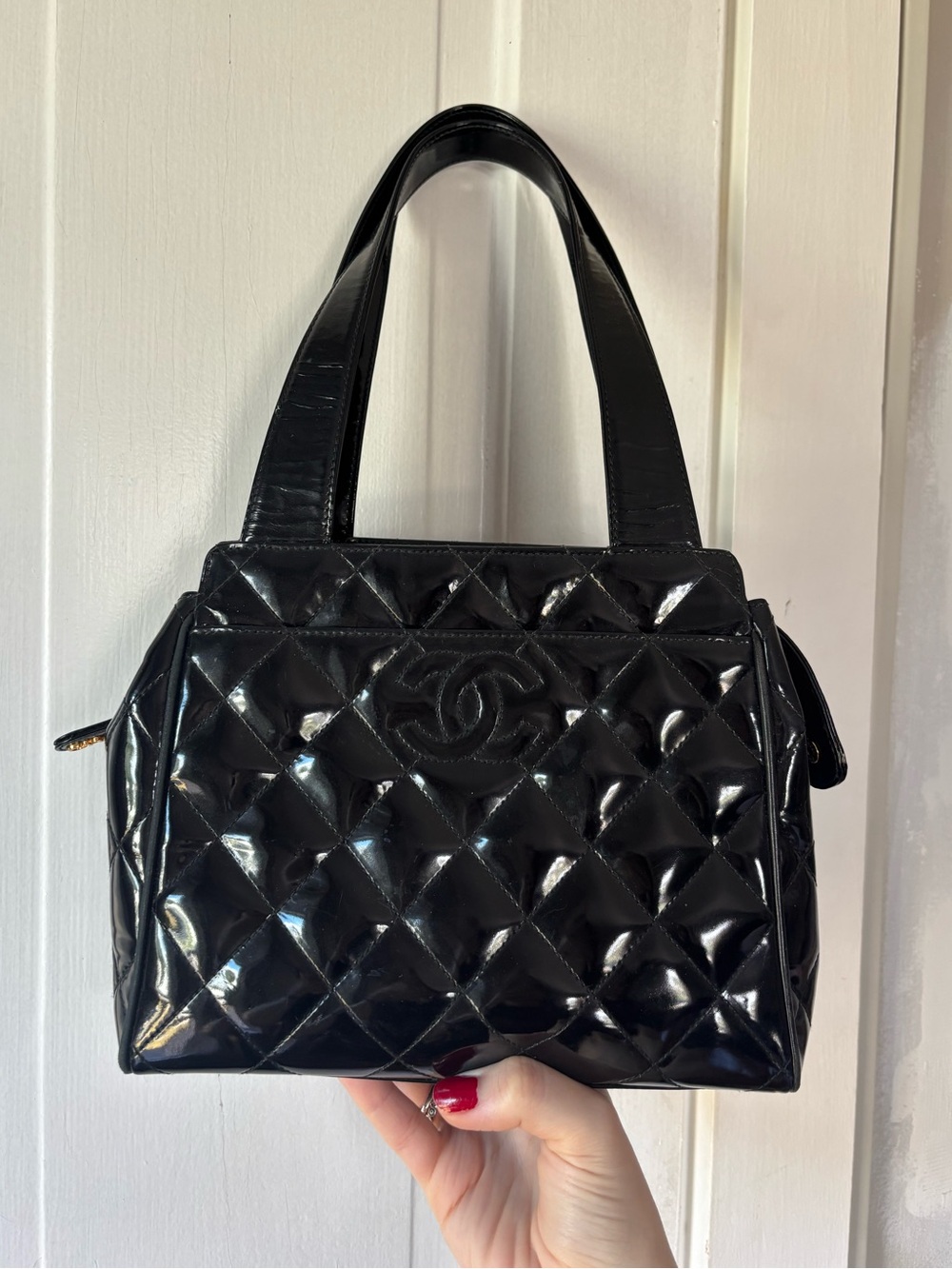90s Chanel Black Quilted Patent Leather Top Handle Tote CC Bag